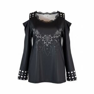 Unbranded Women Black White Polka Dot Cold Shoulder Lace Trim Blouse Size L